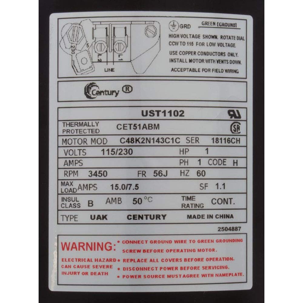 Century UST1102 1-Horsepower Up-Rated Round Flange Replacement Motor (Formerly A.O. Smith)