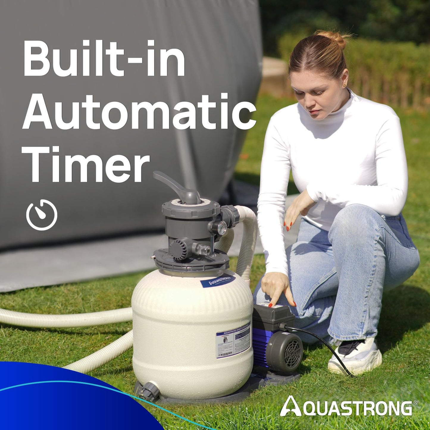 AQUASTRONG Sand Filter Pump for Above Ground Pool with Timer, 2/3 HP Pool Pumps Above Ground 3000 GPH for Pools up to 11000GAL,12in Pool Filter with 6-Way Valve, Improved Circulation and Filtration