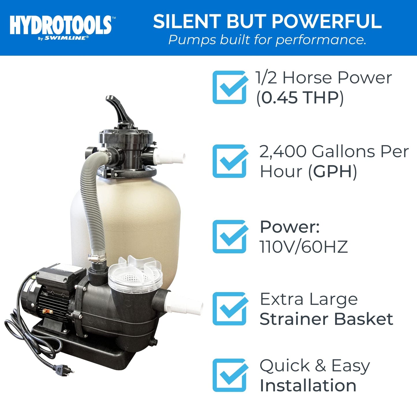 SWIMLINE HYDROTOOLS Pool Sand Filter Pump For Above Ground & Inground Pool | 14 Inch Cleaner System 1/2 HP (0.45 THP) Horsepower 2400 GPH | Pools Up To 10500 Gallons Intex Bestway Compatible 71405