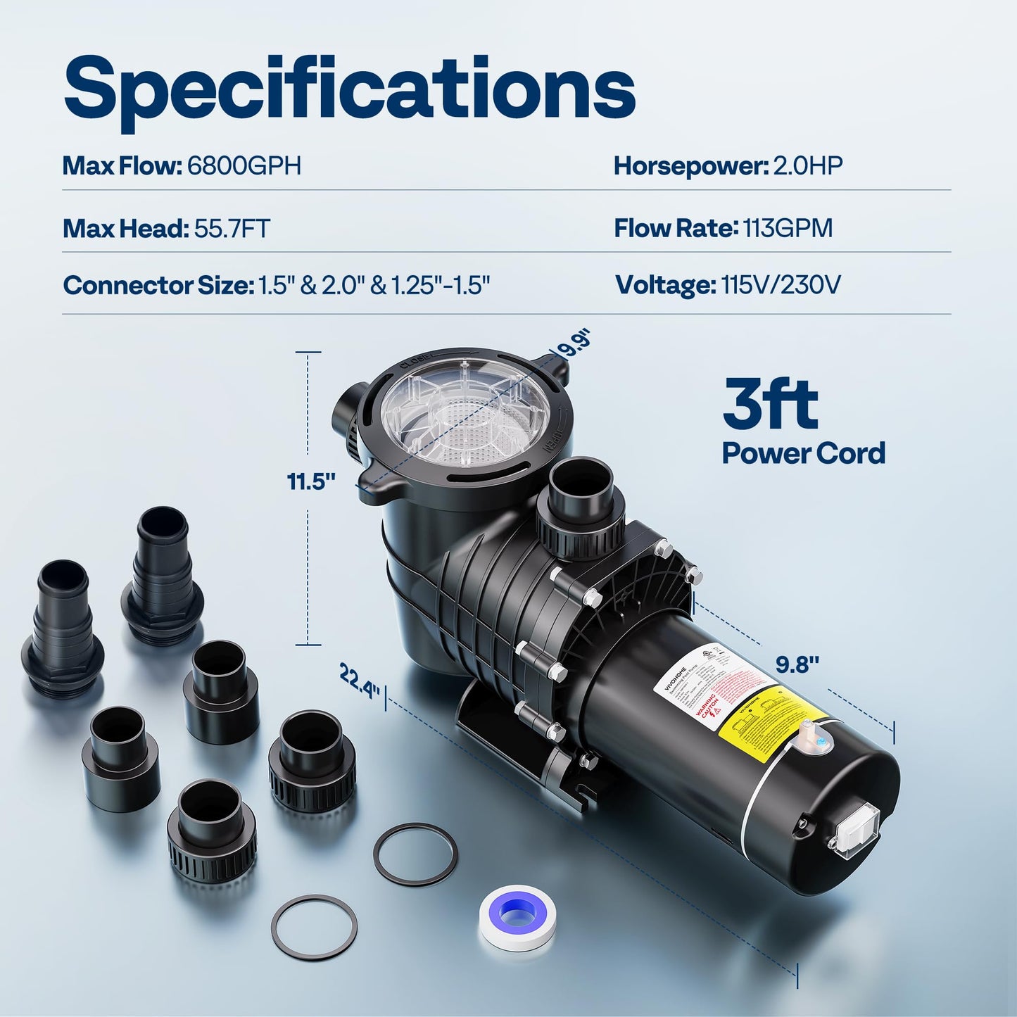 VIVOHOME 2.0HP 6800GPH Dual Voltage Pool Pump, Self-Priming Energy Saving, 1.5" & 2" & 1.25"-1.5" Connectors w/Strainer Basket for In/Above Ground Pools