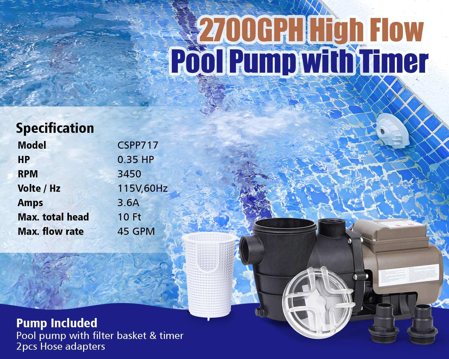 CIPU Pool Pump with Timer 2700GPH 115V Powerful Self Priming Above Ground Swimming Pool Pump 0.35HP with Filter Basket Low Noise for Pools Hot Tub Spa Water Circulation