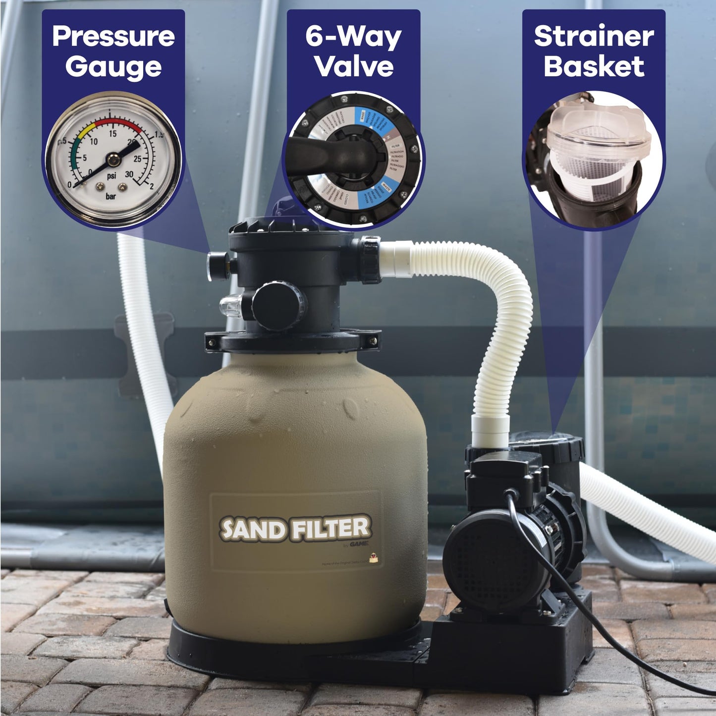 GAME 7011-E Sand Filtration System - 16-Inch Above-Ground Pool Filter Tank With Digital Timer, 120 Pound Sand Capacity, 3/4 HP Pump and Motor, 3,698 GPH