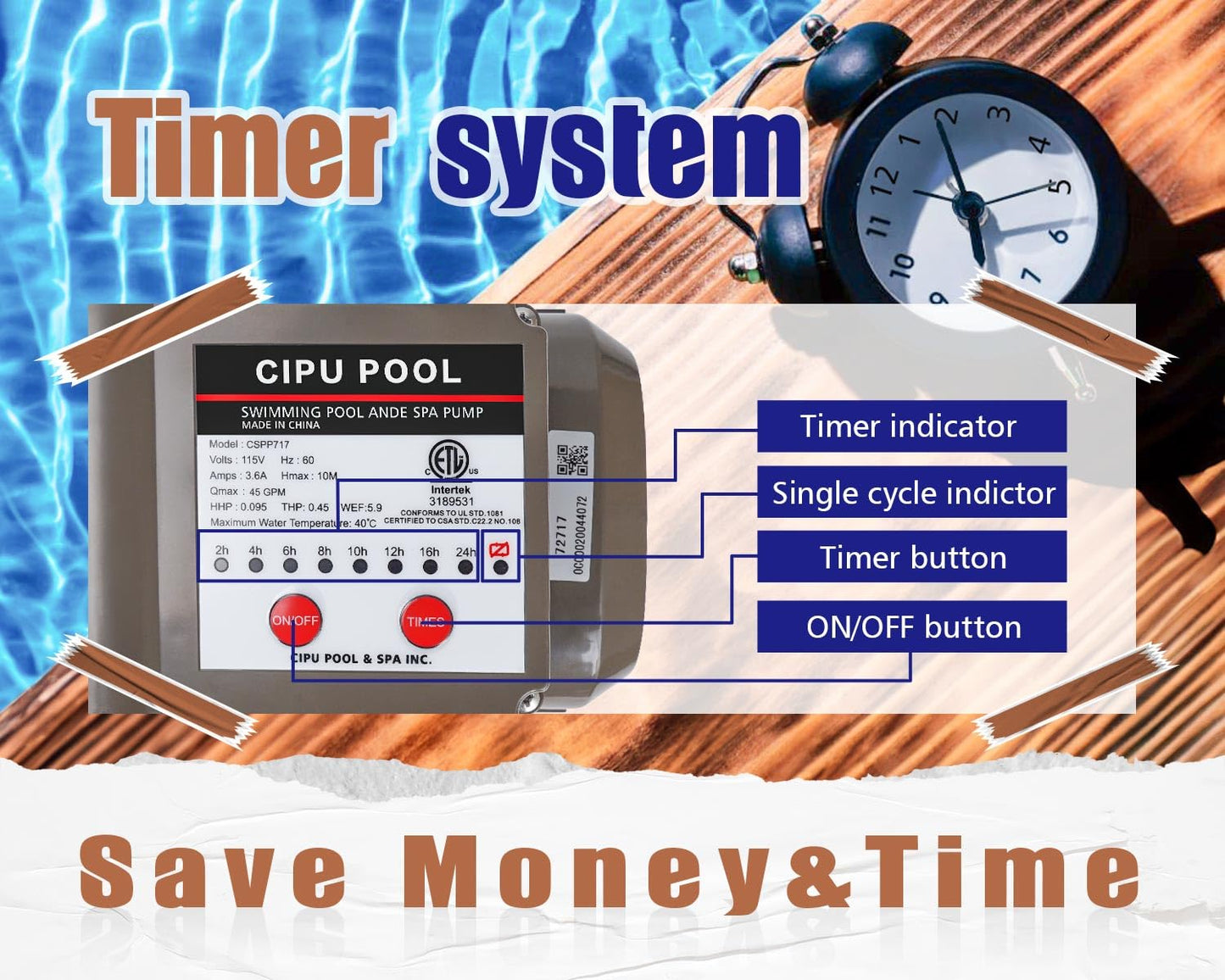 CIPU Pool Pump with Timer 2700GPH 115V Powerful Self Priming Above Ground Swimming Pool Pump 0.35HP with Filter Basket Low Noise for Pools Hot Tub Spa Water Circulation