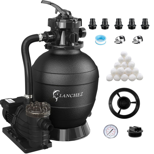 LANCHEZ 13" Sand Filter Pump for Above Ground Pool, 3/4 HP, Max 3500 GPH for Pools Up to 11000GAL, 6-Way Valve Pool Sand Filter System with Strainer Basket, Enhanced Circulation for Crystal-Clear Pool