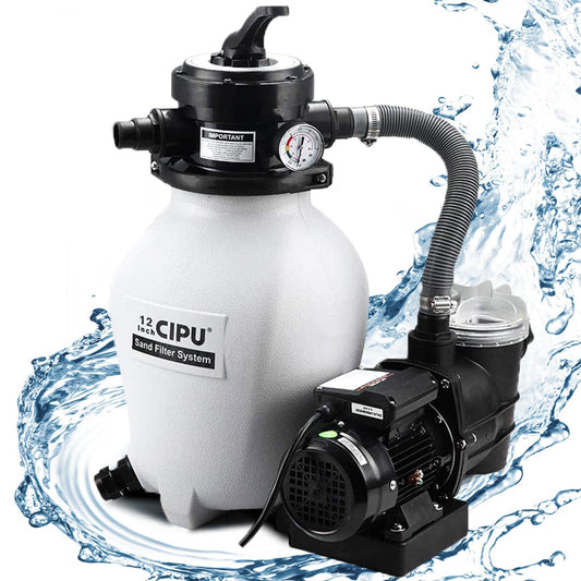 CIPU 12-inch Sand Filter Pump System Handy 4-Way Valve for Above Ground Swimming Pools with Prefilter Pool Pump 115V 6-Foot Cord to Easy Installation SFPS12501