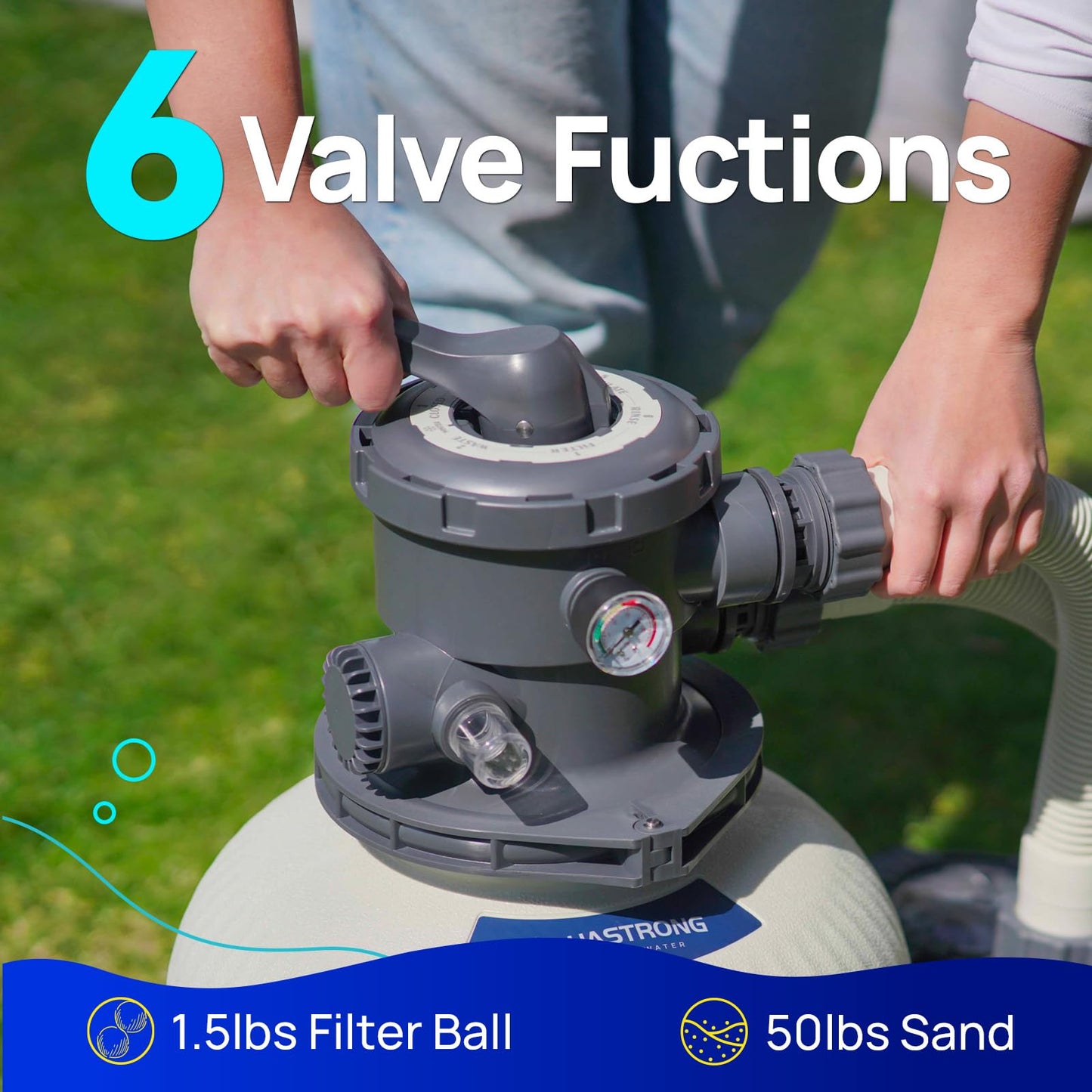 AQUASTRONG Sand Filter Pump for Above Ground Pool with Timer, 2/3 HP Pool Pumps Above Ground 3000 GPH for Pools up to 11000GAL,12in Pool Filter with 6-Way Valve, Improved Circulation and Filtration