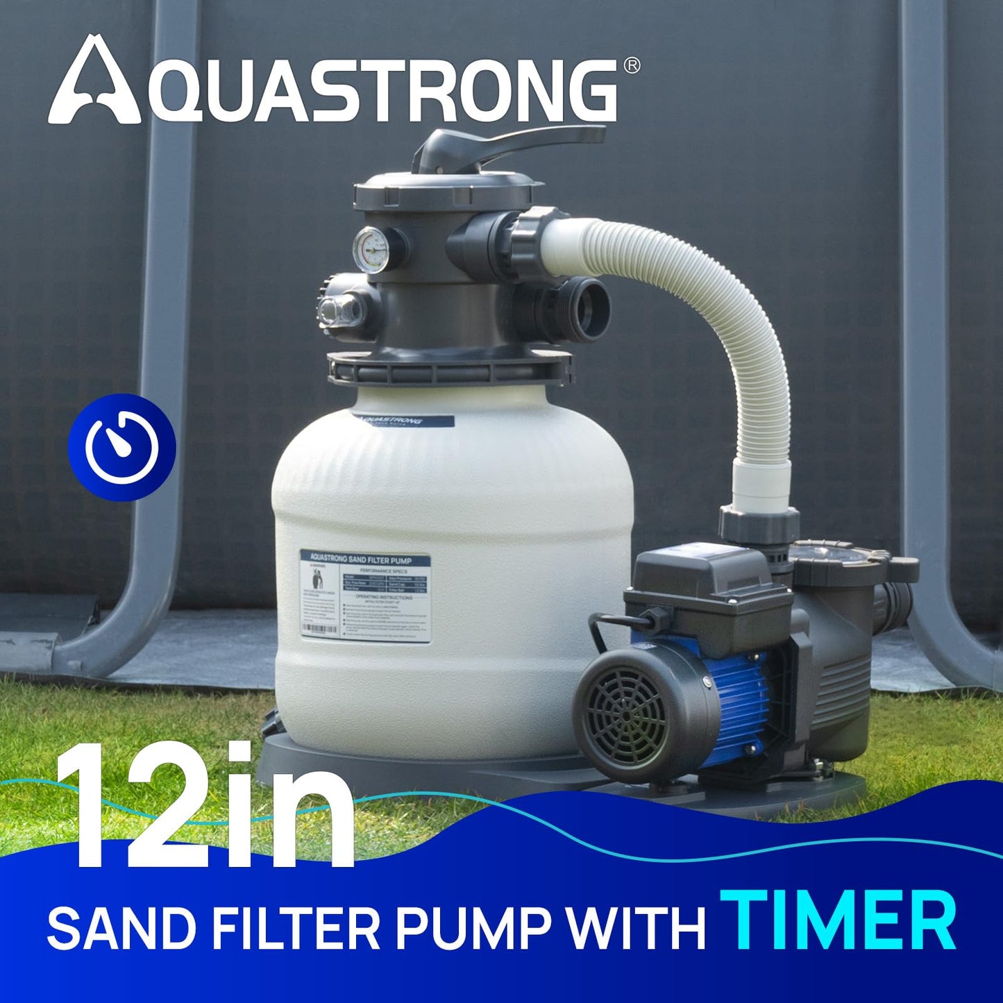 AQUASTRONG Sand Filter Pump for Above Ground Pool with Timer, 2/3 HP Pool Pumps Above Ground 3000 GPH for Pools up to 11000GAL,12in Pool Filter with 6-Way Valve, Improved Circulation and Filtration