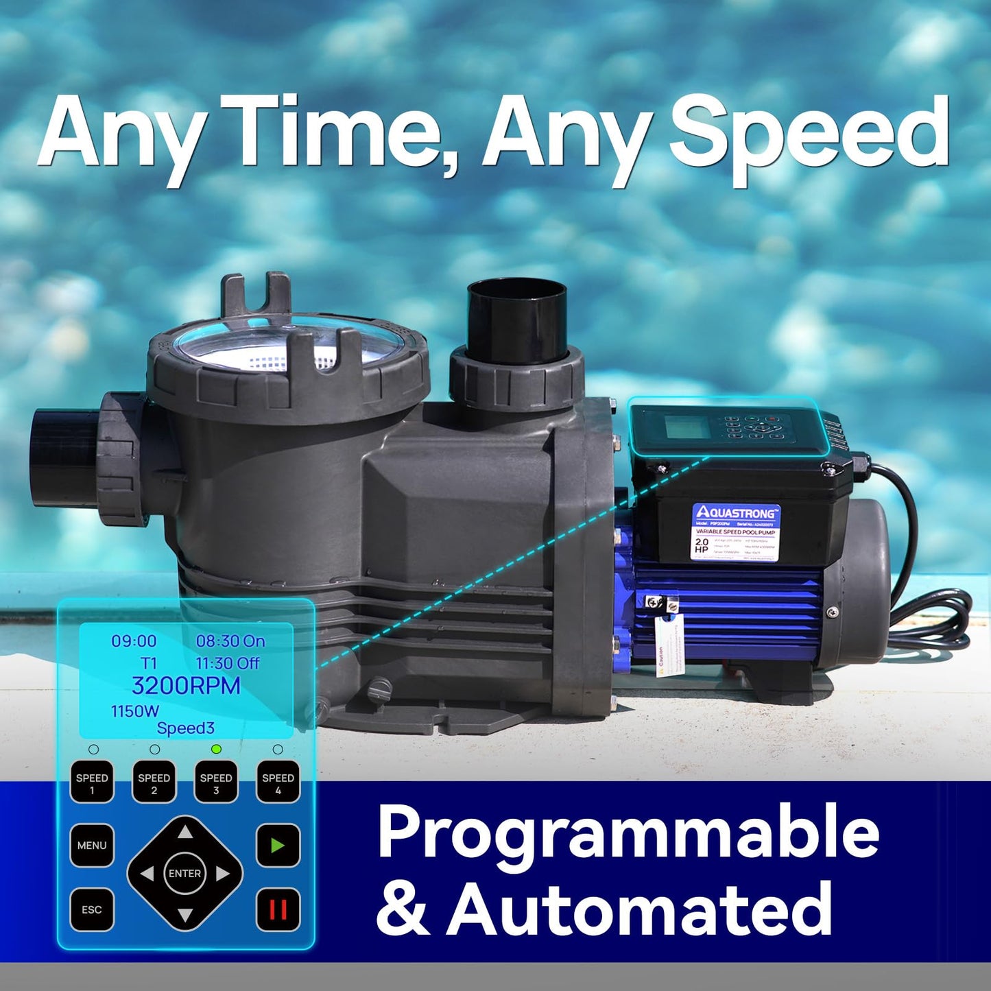 AQUASTRONG Variable Speed Pool Pump, 2 HP, 220V, 10566GPH, In/Above Pool Pump, Energy Efficient, High Flow, Powerful Self Primming Swimming Pool Pumps with Filter Basket