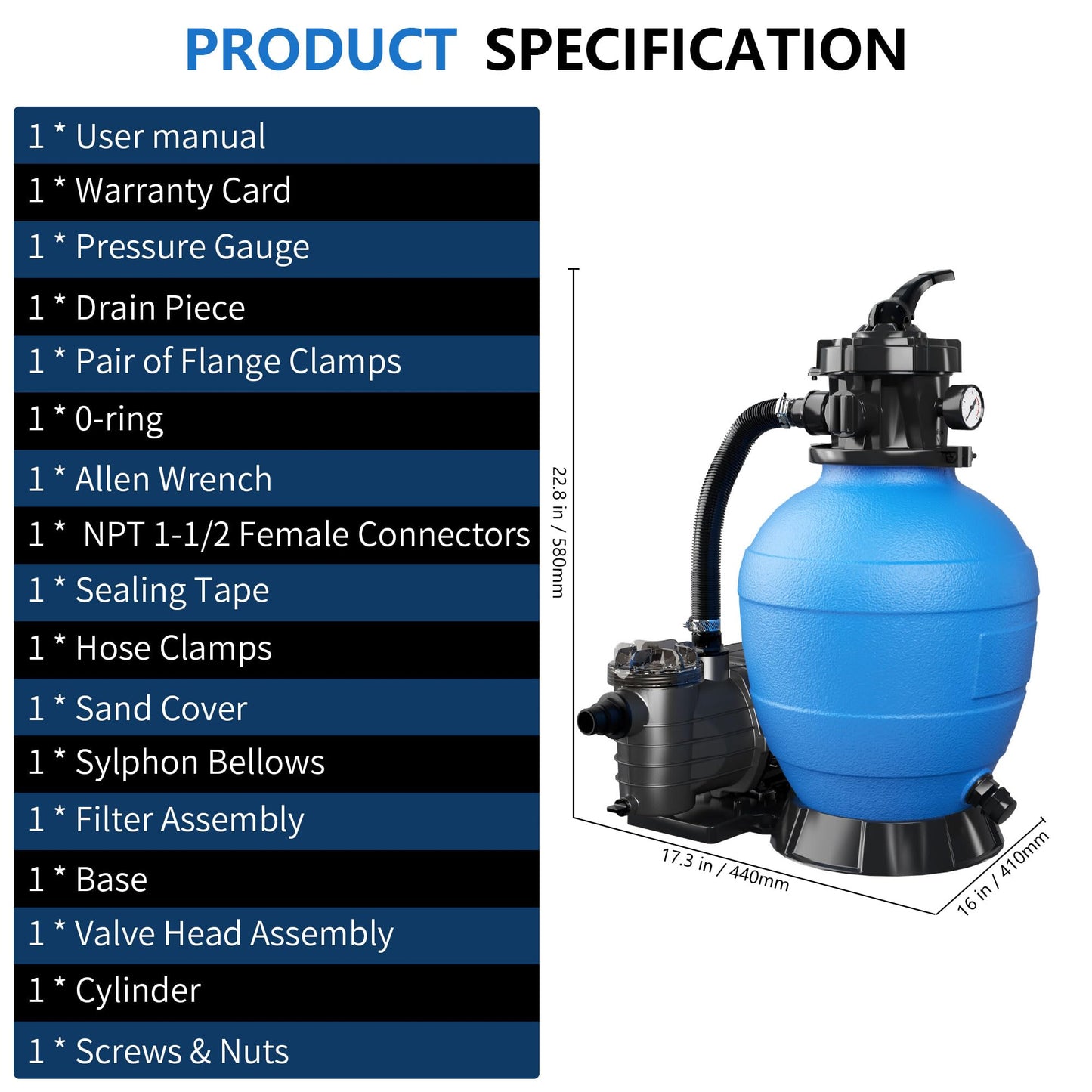FOTING 1 HP 3800GPH Sand Filter Pump System with Timer 13" Filter Tank 13,000 Gallons for Above Ground Pool, Swimming Pumps System & Filters, 6-Way Valve