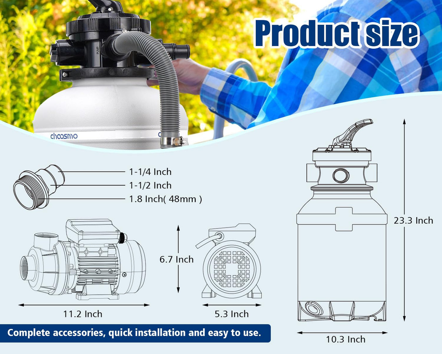 choosmo 10" Sand Filter System for Above Ground Pools with Six Way Valve and 2220GPH Pool Pump Easy to Use for Water Circulation