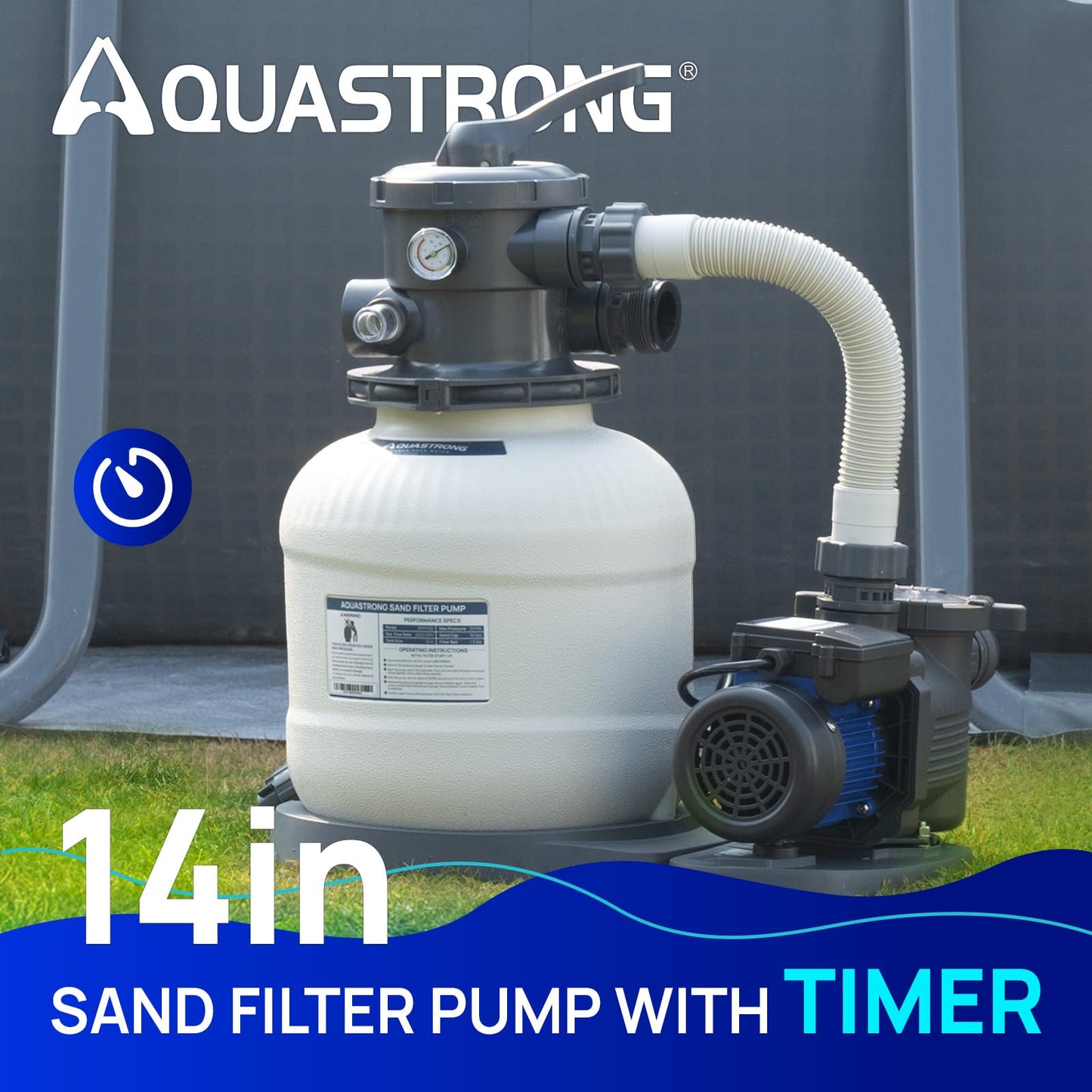 AQUASTRONG 14in Sand Filter Pump for Above Ground Pool with Timer, 2/3 HP Pool Pumps Above Ground 3000 GPH for Pools up to 13000 GAL, Pool Filter with 6-Way Valve, Improved Circulation and Filtration