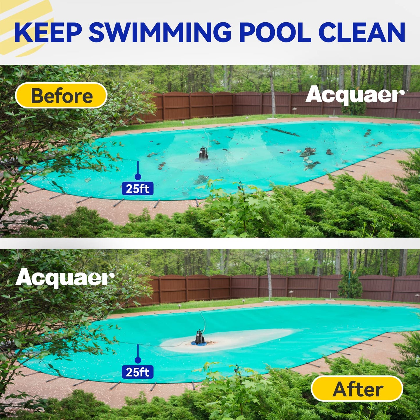 Acquaer 1/4 HP Automatic Swimming Pool Cover Pump, 2250 GPH Submersible Sump Pump with 3/4” Check Valve Adapter & 25ft Power Cord, Water Removal for Pool, Hot Tubs, Rooftops, Water Beds and more