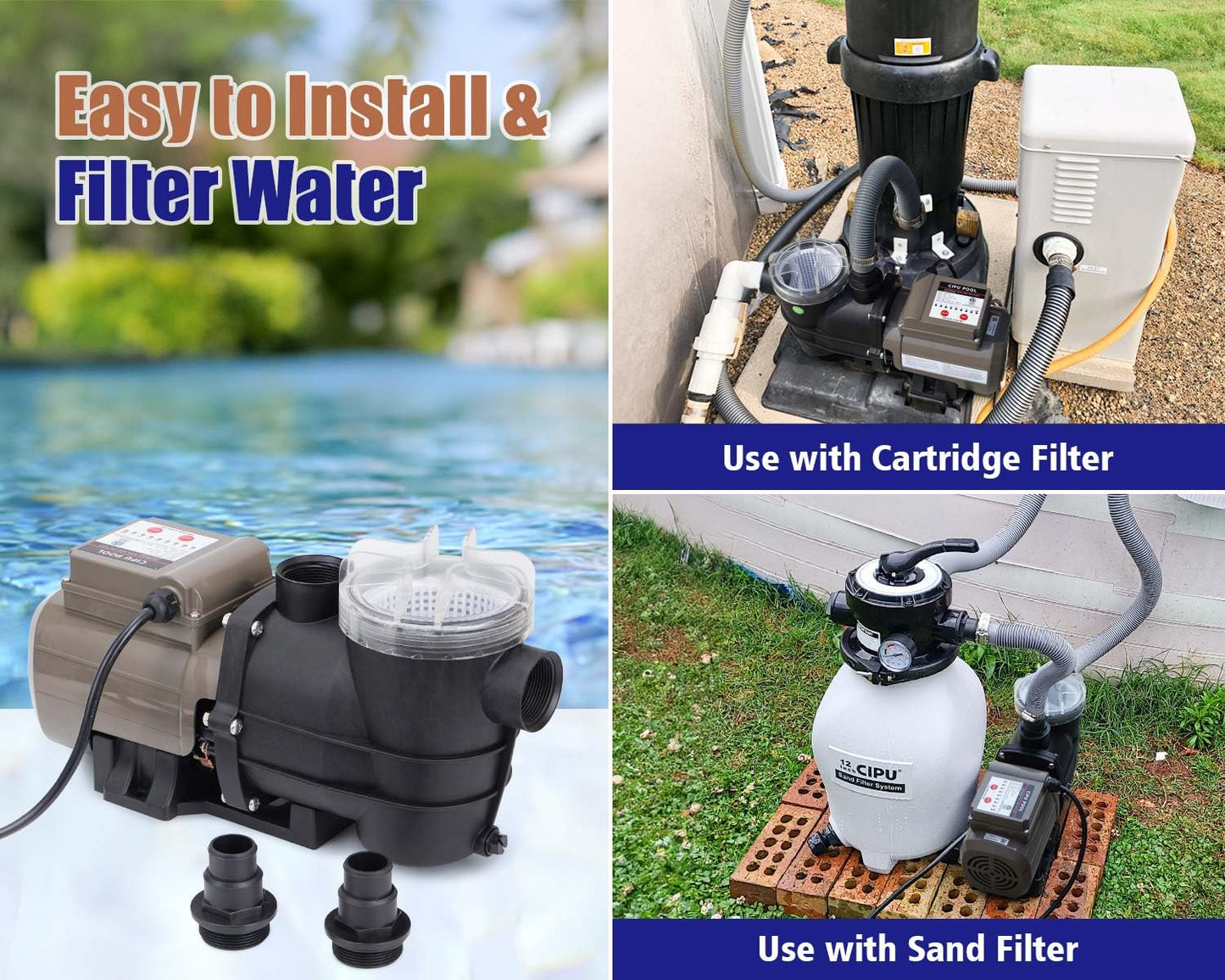CIPU Pool Pump with Timer 2700GPH 115V Powerful Self Priming Above Ground Swimming Pool Pump 0.35HP with Filter Basket Low Noise for Pools Hot Tub Spa Water Circulation