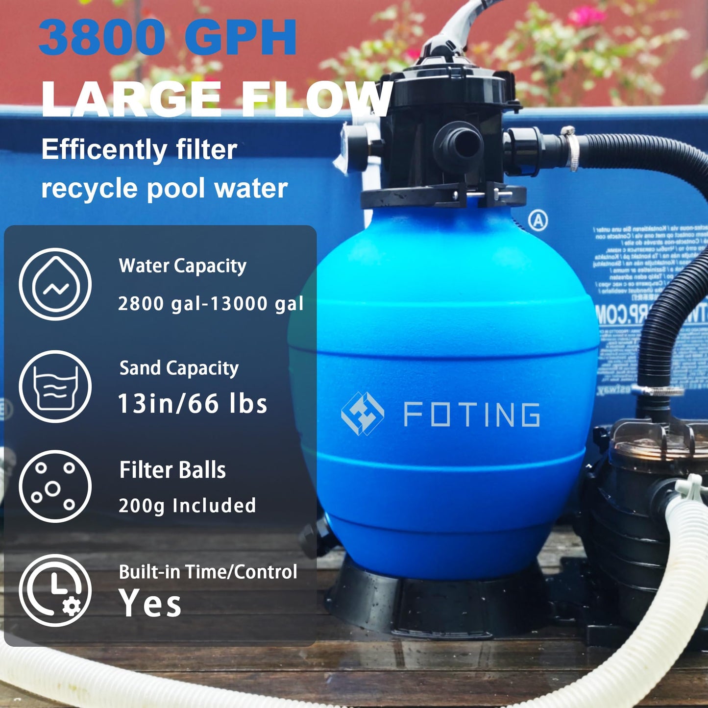 FOTING 1 HP 3800GPH Sand Filter Pump System with Timer 13" Filter Tank 13,000 Gallons for Above Ground Pool, Swimming Pumps System & Filters, 6-Way Valve