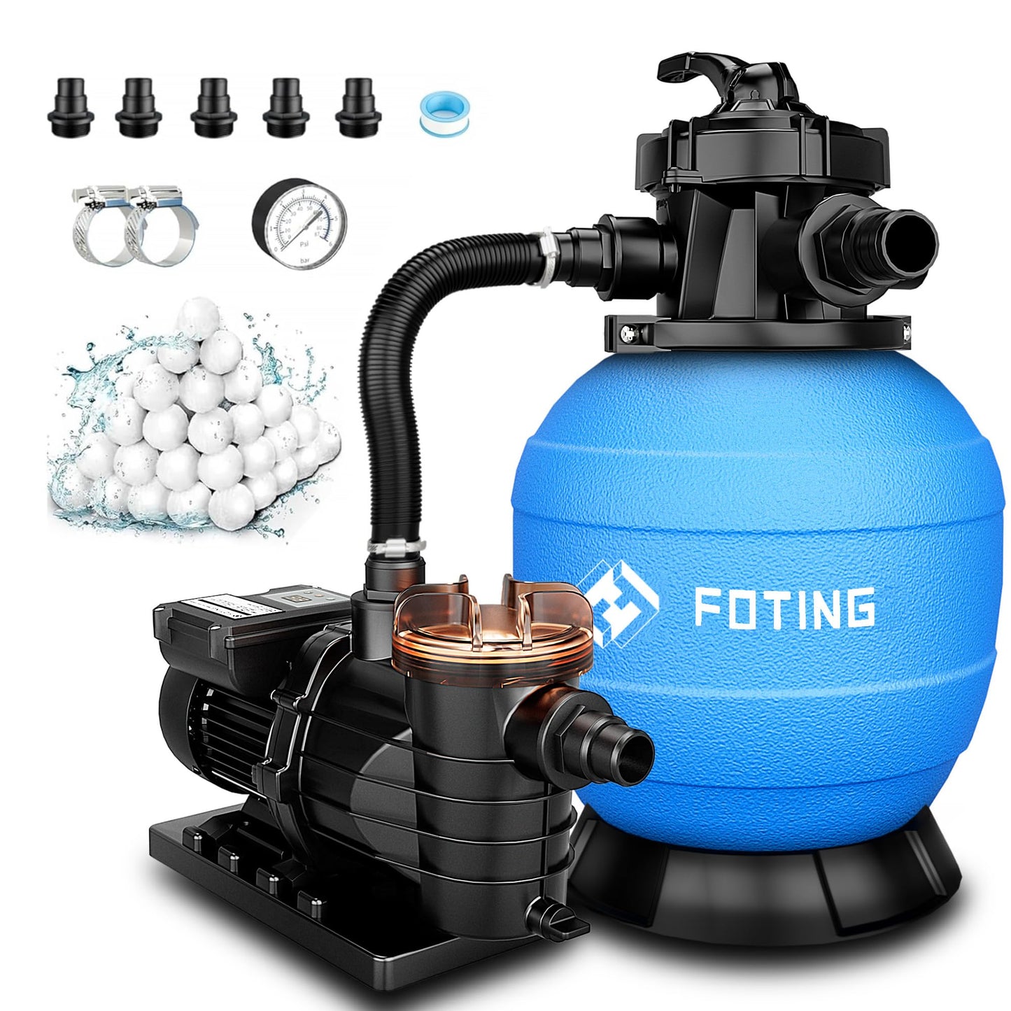 FOTING 1 HP 3800GPH Sand Filter Pump System with Timer 13" Filter Tank 13,000 Gallons for Above Ground Pool, Swimming Pumps System & Filters, 6-Way Valve