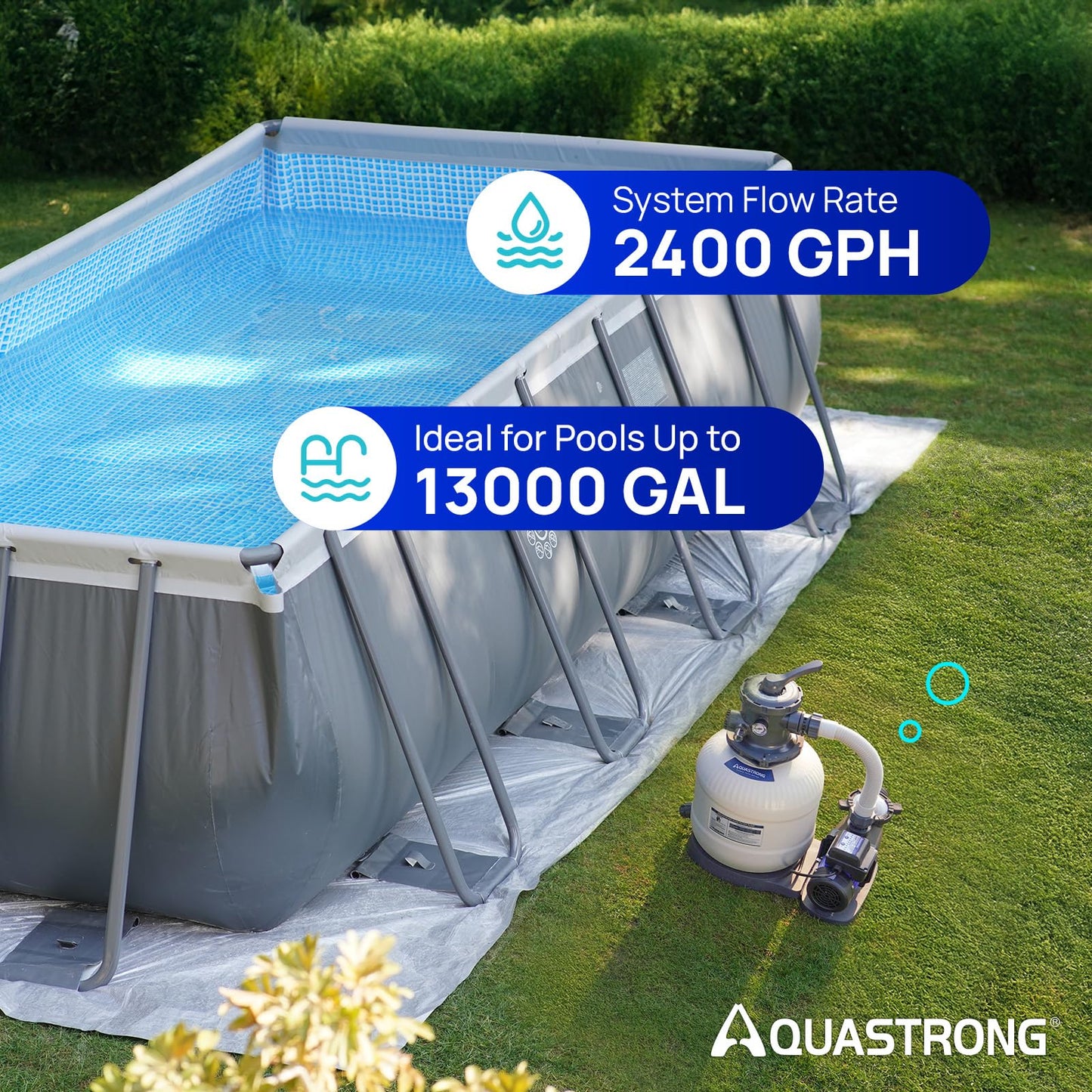 AQUASTRONG 14in Sand Filter Pump for Above Ground Pool with Timer, 2/3 HP Pool Pumps Above Ground 3000 GPH for Pools up to 13000 GAL, Pool Filter with 6-Way Valve, Improved Circulation and Filtration