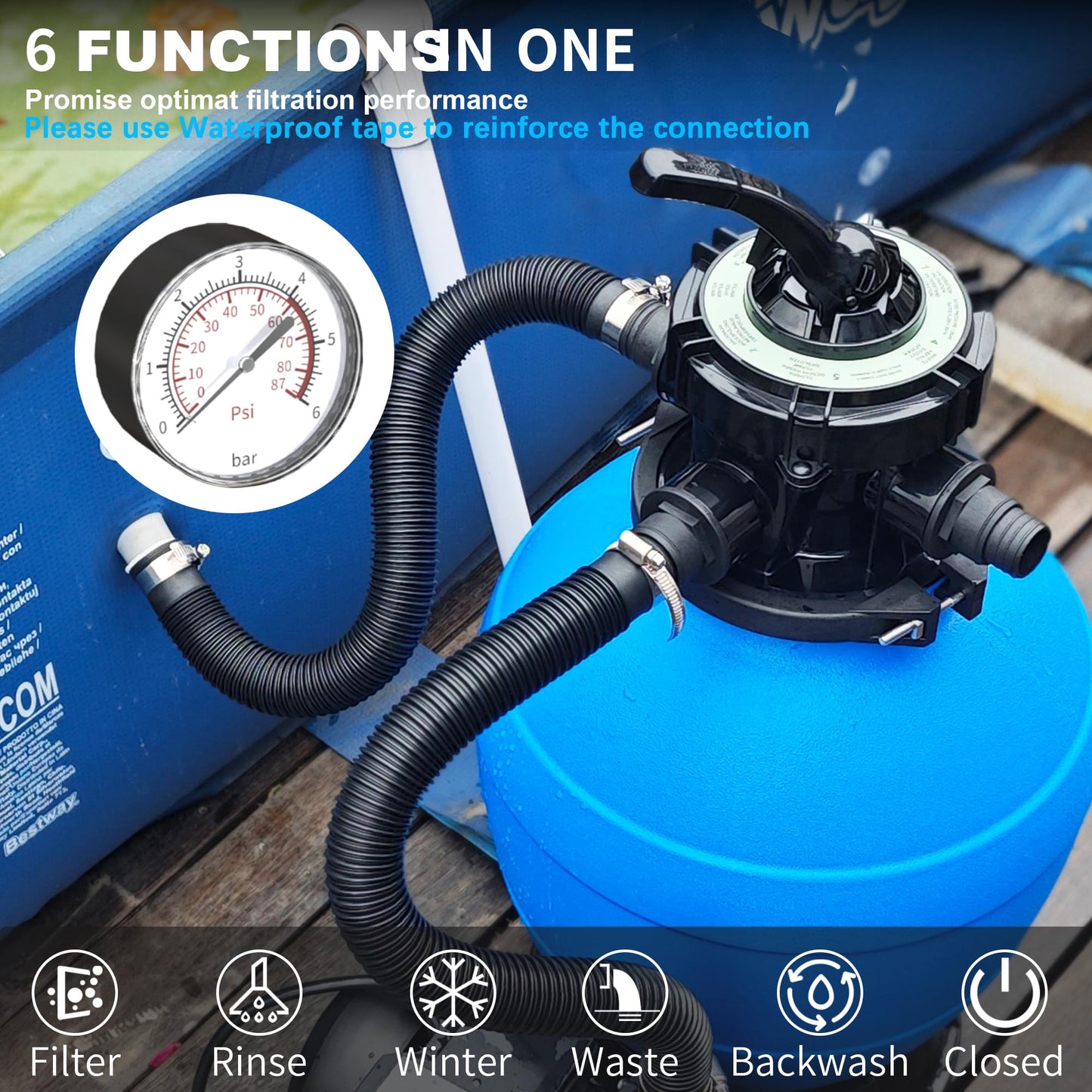 FOTING 1 HP 3800GPH Sand Filter Pump System with Timer 13" Filter Tank 13,000 Gallons for Above Ground Pool, Swimming Pumps System & Filters, 6-Way Valve